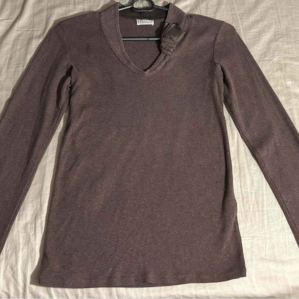 BRUNELLO CUCINELLI Vintage, Brown SILK, Long Sleeve, V-Neck Sweater